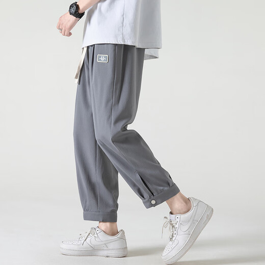 杉努（SHANNU）裤子男夏季宽松直筒冰丝休闲裤男士春秋款潮牌运动速干九分卫男裤 311黑色 2XL （建议150-170斤）