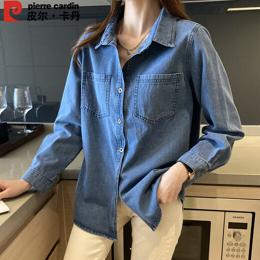 Pierre Cardin shirt women's winter retro white collar right shoulder loose layered long-sleeved denim bottoming top dark blue M