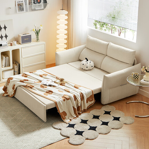 
Lin's Home Small Living Room Folding Sofa Bed Dual-Use Internet Celebrity Fabric Pulling Bed Lin's Wood Industry TBS391 [Cream White] Double