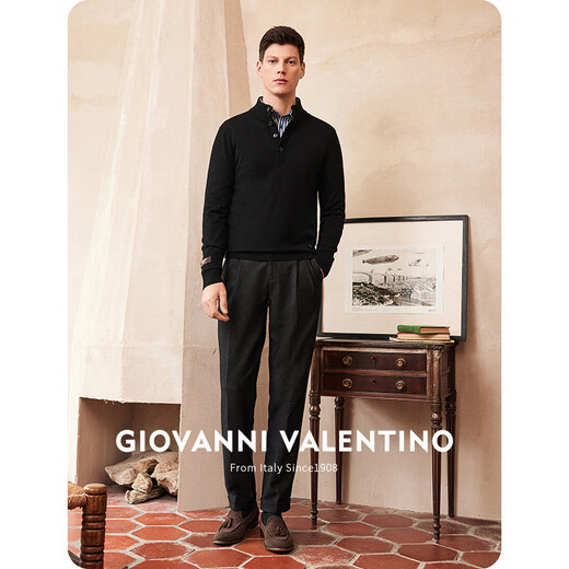 卓凡尼·华伦天奴（GIOVANNI VALENTINO）纯羊毛半开领套头毛衣针织衫男装男款半高领羊毛衫 黑色 XL 