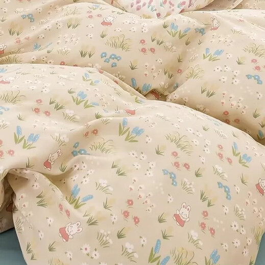 Pure cotton fabric for quilt cover. Baby Class A pure cotton double-layer gauze fabric. Baby bedding four-piece set, pure cotton bedding. Black tea mushroom rabbit half a meter price.