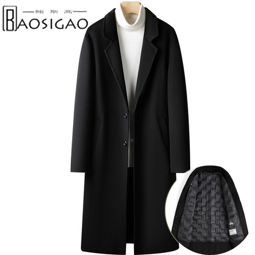 New double-sided cashmere coat for men, thickened slim fit lining, extended woolen woolen windbreaker woolen coat, black L