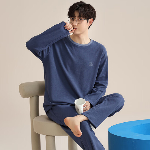 Langsha men's pajamas men's spring and autumn cotton long sleeves can be worn on the outside round neck pullover home clothes loose and simple two-piece set