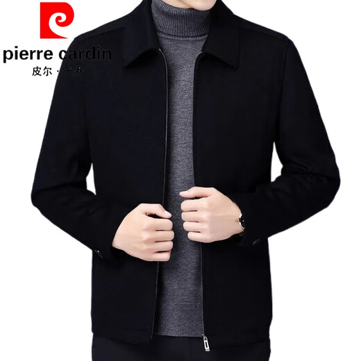 皮尔卡丹（pierre cardin）羊毛呢夹克男士冬季立领中年加棉加厚爸爸装保暖商务休闲外套针织 黑色【单里】立领款 M 【80-115斤】】