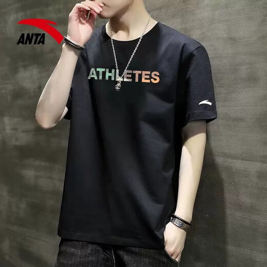 安踏（ANTA）短袖t恤男2025春夏季透气圆领潮牌半袖宽松印花字母打底衫上衣男 -2基础黑【棉涤】 L /175 适合120-140斤