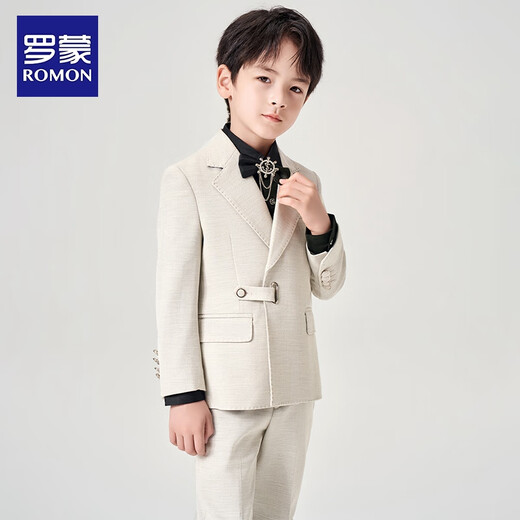 罗蒙儿童西装套装花童钢琴演出服主持人礼服男孩周岁生日西服 米白140
