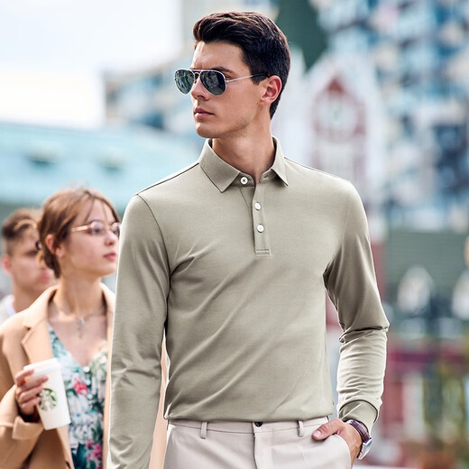 
Mr. Bu spring and autumn style men's long-sleeved pure cotton T-shirt patented eight-character collar business casual men's clothing BT11972 bronze green L (175)