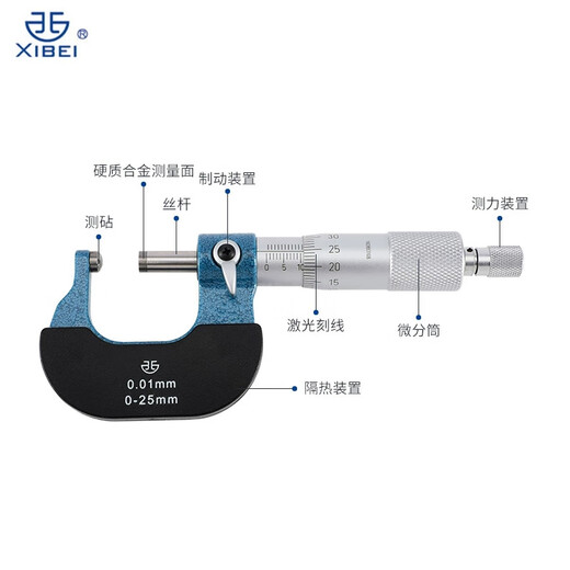 Northwest Qingliang wall thickness micrometer thin column waist drum type measuring head ABCDEF mechanical scale model 0.01mm 200-71-100/A type 0-25mm