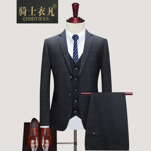 Knight Yifan brand suit men's 2021 new fashion plaid slim small suit men's business professional casual dress groom's wedding light mature gentleman's suit trendy wedding black M