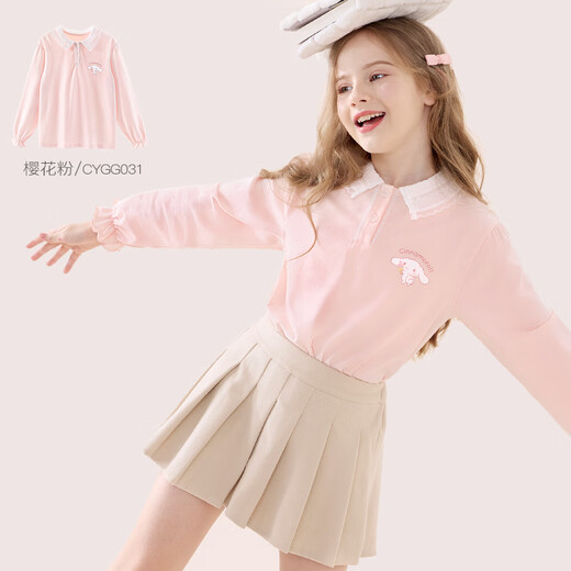 Hello Kitty girls' bottoming shirt spring and autumn fashionable children's T-shirt long-sleeved big children's doll collar top G031 cherry blossom pink 130