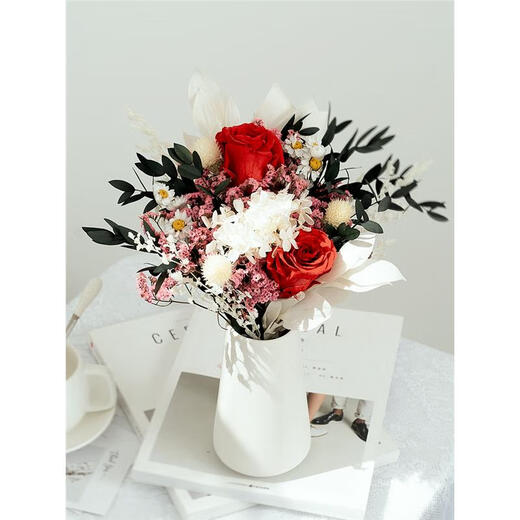 Everlasting rose eucalyptus dried flower bouquet internet celebrity ornaments real flower gypsophila hydrangea crystal grass home decoration pink rose crystal bouquet round white bottle dry branches