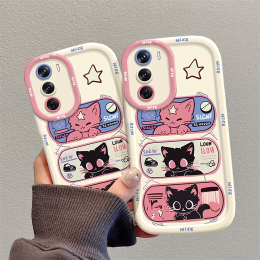 妙之选适用于OPPOReno12手机壳Reno4卡通ins风星眼猫Reno3潮牌硅胶oppoReno10手机壳Reno8全包Reno9防摔R 圆墩壳-白色-BS3893黑色猫咪 OPPO Find X