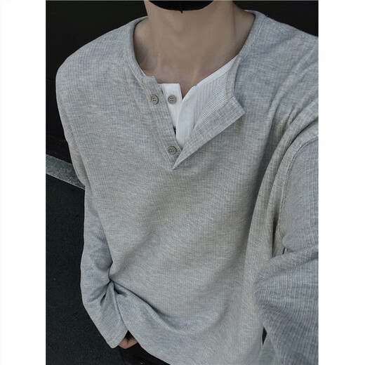 Jufeng fake two-piece Henry collar long-sleeved T-shirt men's 2025 autumn and winter new heavyweight inner layering shirt loose top gray - V-neck double-breasted XL