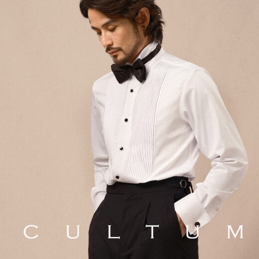 CULTUM竹纤维风琴褶法式叠袖口机翼领宴会婚礼礼服伴郎衬衫男长袖衬衣 白色风琴褶 L