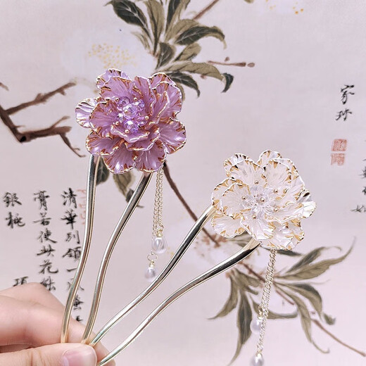 初享（CHUXIANG）新中式珐琅彩牡丹花U型发簪感流苏步摇簪子古风发饰发钗 F1047珐琅彩牡丹花-白色