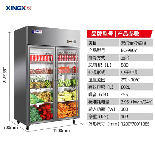 星星展示柜冷藏保鲜铜管双开门商用水果蔬菜大容量麻辣烫点菜饮料啤酒不锈钢冰箱冰柜 【热荐】双门铜管冷藏保鲜柜880升BC-980Y