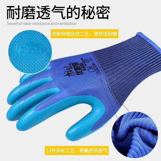 星宇优耐保压纹透气耐磨A698劳保浸胶防滑半挂胶手套 蓝色优耐保A688【中号M】5双 均码