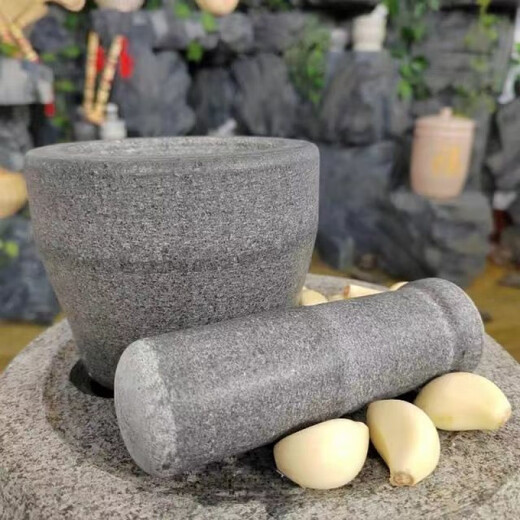 Bluestone garlic mortar garlic masher stone mortar household manual old-fashioned stone nest natural stone garlic mash artifact mash pot medium black bluestone hardness greater suitable for 2 to 4