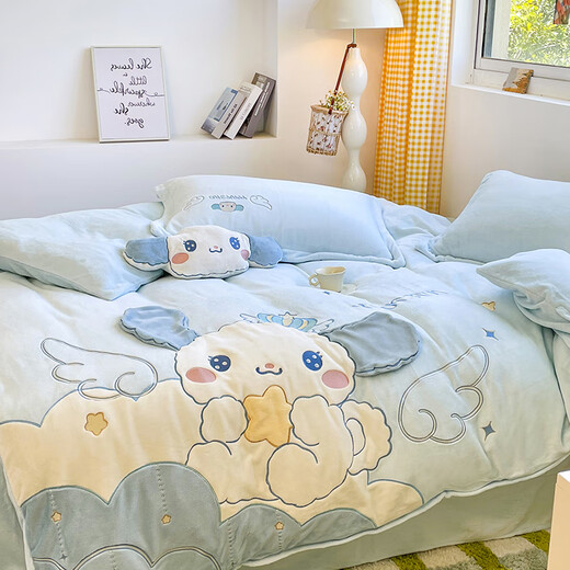 Cartoon milk velvet four-piece winter bed sheet quilt cover cute appliqué embroidered children's quilt cover coral velvet thickened warm big-eared dog blue Class A thermal storage constant temperature warmth 1.8m bed sheet four-piece set quilt cover 200x230