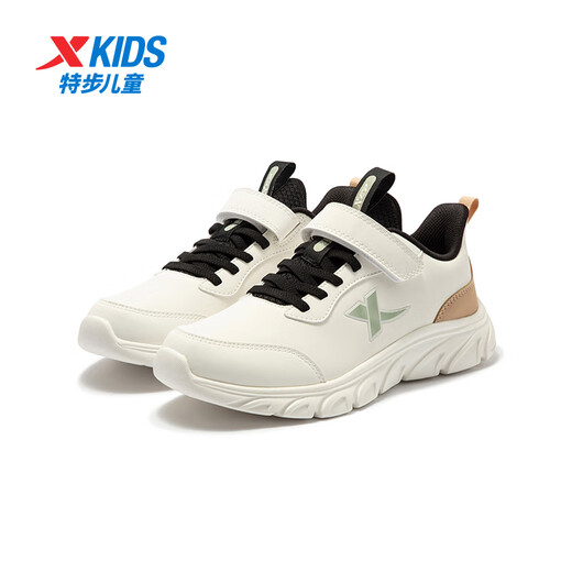 Xtep children's shoes, children's running shoes, boys, middle and large children, four-season mesh leather non-slip cushioning running shoes, Velcro buckle sports running shoes, sail white/green 9550 leather style, size 40