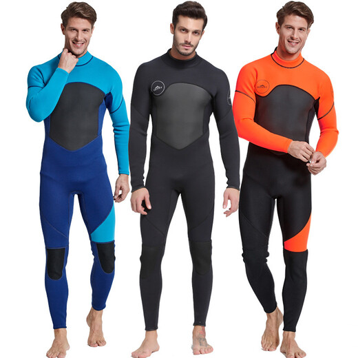 Sharbat 3MM wetsuit for men, thickened and warm, winter swimming, outdoor snorkeling one-piece long-sleeved swimsuit, surfing jellyfish suit, dark blue and black, water orchid L (suitable for 110-125 Jin Jin equals 0.5 kg)