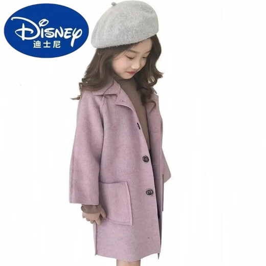Disney Girls' Spring Clothing 2024 Large Children's Reversible Woolen Coat Korean Style Children's Spring and Autumn Clothing Woolen Coat Pink Double-Sided Woolen Coat 150