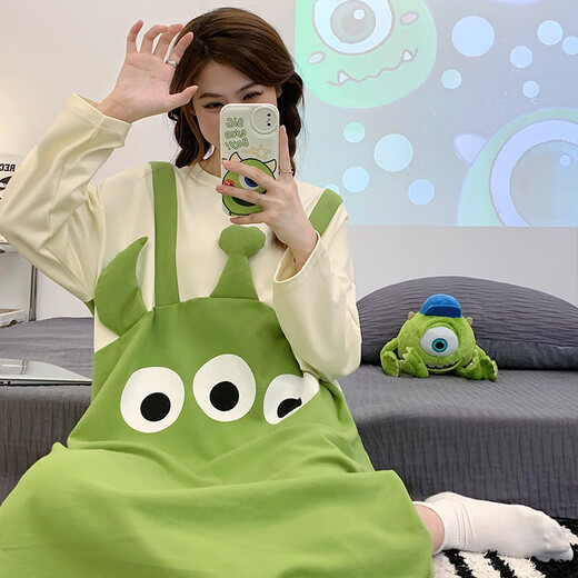 
LangSha nightgown (LangSha) nightgown for women in spring and autumn summer new pullover long-sleeved pajamas cute cartoon mid-length style for outdoor wear Q16863 M