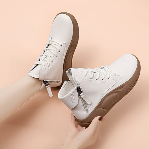 AIZUNSHI thick-soled Martin boots for women in 2024 autumn and winter new style of sponge cake-soled short boots casual white shoes versatile leather high top beige 36 (230mm)
