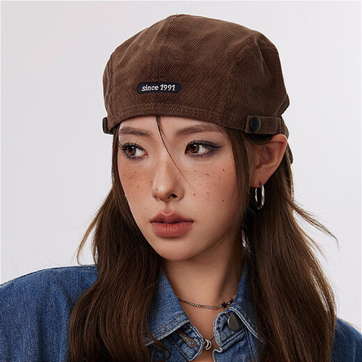 Fuxiaoge (fuxiaoge) American retro reverse-wearing forward hat for women street brown beret detective newsboy hat men's trendy corduroy painter hat brown smiley face 1991 forward hat FXG adjustable (56-60CM)