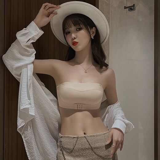 Maolu Valentine's Day Gift Strapless Bra No Wires Anti-Exposed Wedding Dress Sexy Push-up Small Breast Beautiful Back Underwear Women Skin Color Bra + Underwear 75A B-Cup