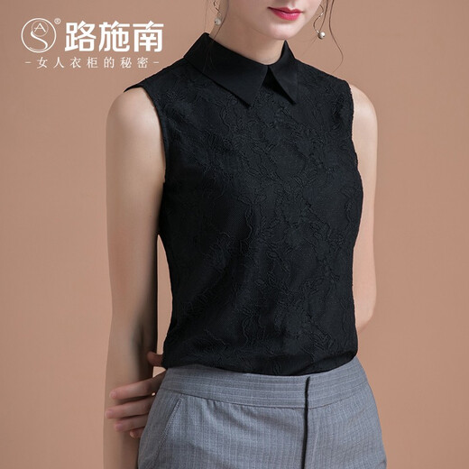 路施南高档白色短袖衬衫女夏季2025新款尖领褶皱通勤百搭高级感修身上衣 黑色尖领 L679 XL