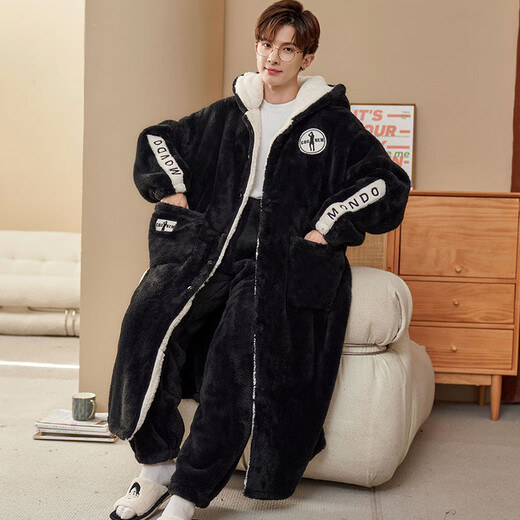 Siqiniao Autumn and Winter Coral Velvet Pajamas Men's Pajamas Large Size Loose Long Bathrobe Men's Winter Flannel Home Clothes Youth 3218# Robe + Pajamas XL (Recommended 130-155 Jin Jin equals 0.5 kg / Height 170-175)
