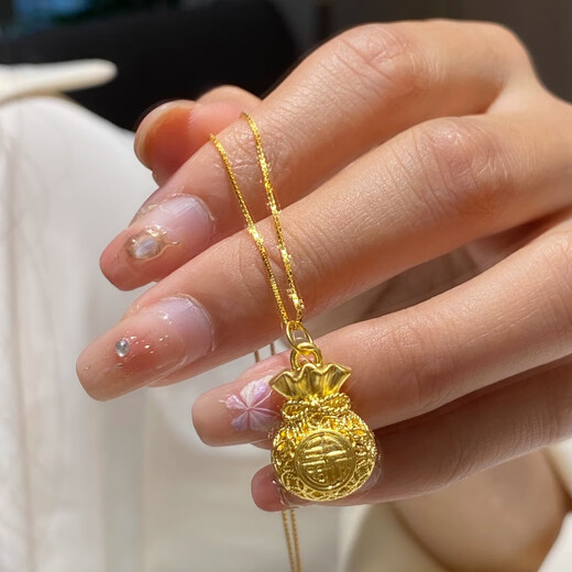 Chow Tai Sang Gold Pure Gold 999 Filigree Blessing Bag Necklace Women's Full Money Bag Pendant Pendant Platinum Bracelet Gold Blessing Bag Pendant + Gold Beads Black Rope Necklace