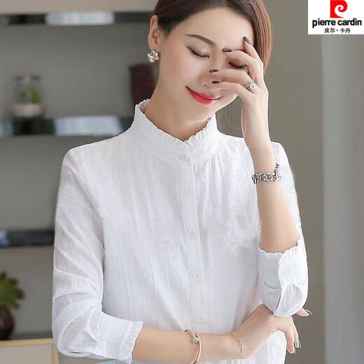 Pierre Cardin cotton pure cotton shirt new spring and autumn professional long-sleeved women's Korean style fungus bottoming shirt women's top 6601 white without embroidery S recommended 80-90Jin Jin equals 0.5 kg