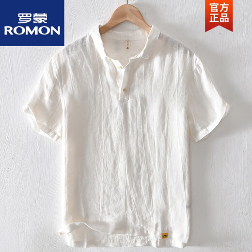 罗蒙（ROMON）中国风亚麻翻领短袖t恤男有带领麻布男装棉麻料T宽松衬衫领上衣服 msp795卡其色 2XL 175斤左右