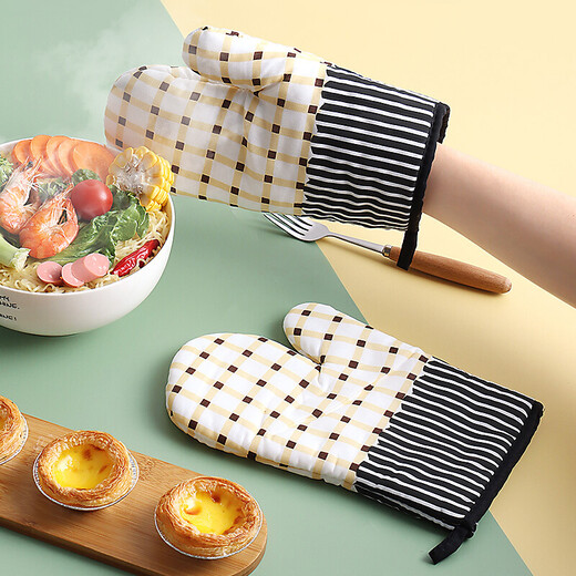 Baijie anti-scalding gloves, insulation cotton gloves, microwave oven baking tool gloves, checkered baking gloves 2 pack