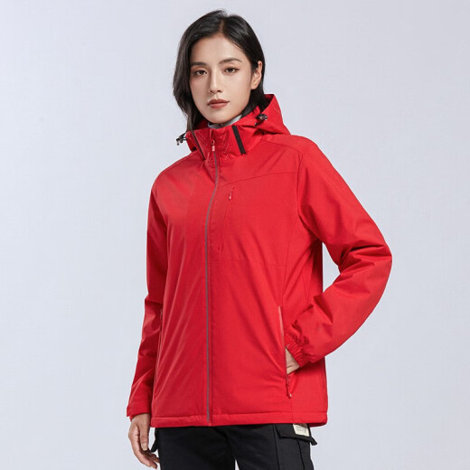 西域骆驼（VANCAMEL）加绒风衣外套男女韩版防风保暖单层软壳冲锋衣工装风夹克文艺上衣 9930S中国红-女【纯色】 L