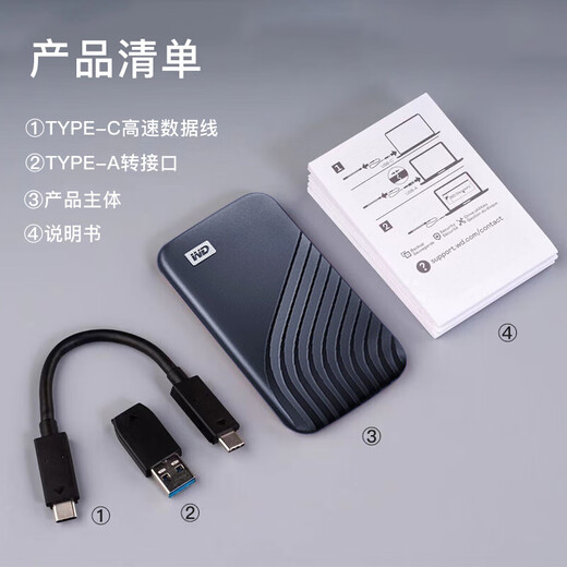 Western Digital (WD) NVME Mobile Solid Drive PSSD My Passport SSD высокоскоростной жесткий диск Type-C USB3.2 Gen2 Внешнее расширение хранения 4K Аудио и видео редактирование синяя (скорость трансмиссии 1050 МБ/с) 1 ТБ пакет два