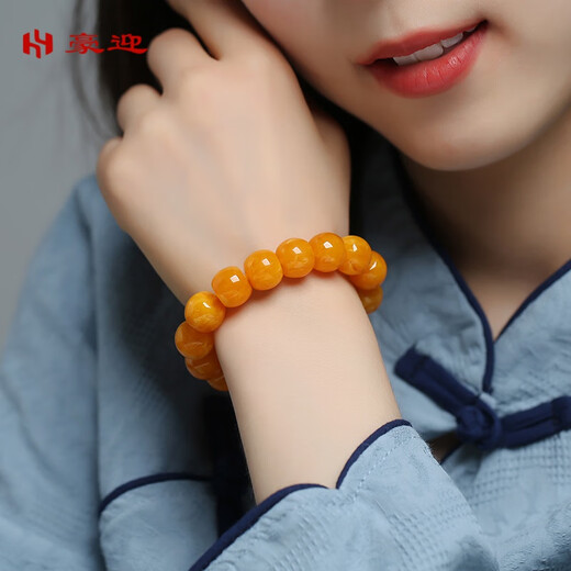 Haoying natural Russian material white flower honey wax old-style bead bracelet chicken fat yellow amber raw stone bucket bead single circle bracelet certificate for women white flower honey single circle bracelet 12mm