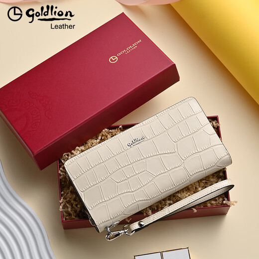 Goldlion Women's Wallet 2025 Summer New Crocodile Pattern Genuine Leather Clutch Multifunctional Large Capacity Fashion Fashion Women's Bag White
