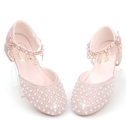 Bu Lian Cat Girls Princess Shoes Children's Small Leather Shoes 2024 New Little Girls High Heels Soft Bottom White Pearl Crystal Shoes Trendy Silver White 26