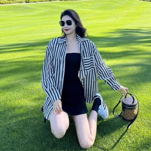 圣保美衬衫连衣裙女夏季套装长袖春秋新款2025法式气质吊带短裙子小个子 衬衣+吊带裙【套装】 M 码