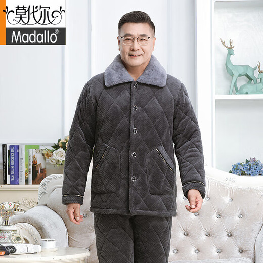 莫代尔中老年男士睡衣冬季加厚加绒珊瑚绒三层夹棉袄大码爸爸保暖家居服 683灰色 三层加/厚加/绒 XL 建议120-140斤