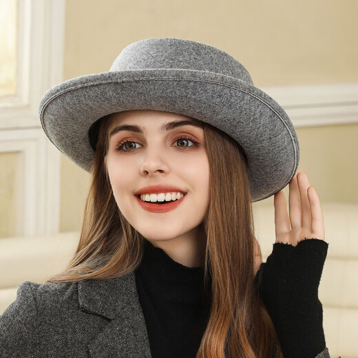 Zunti hat women's autumn and winter wool woolen hat rolled edge flat top retro bow British versatile casual fashion hat gray one size