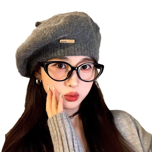 Woodpecker wool knitted beret women's autumn and winter Japanese style simple cloud painter hat big head circumference showing face small woolen hat E-423CH khaki mohair knitted beret 55-58CM