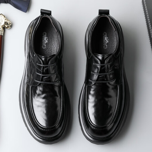 CARTELO British Men's Leather Shoes Thick Sole Increased Business Casual Shoes Low-top Round Toe Breathable Cowhide Shoes Men's 9960 Black 38