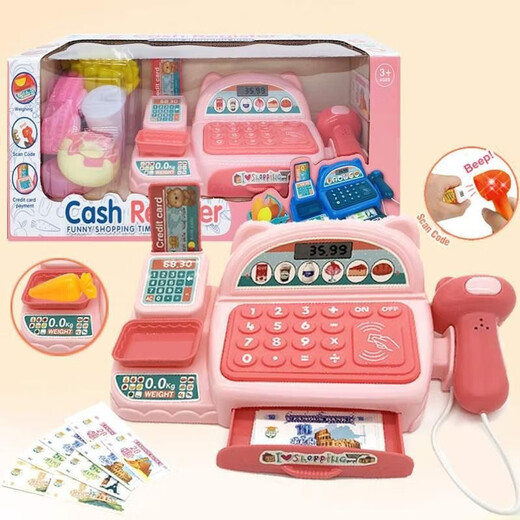 Nuevas series simuladas de la caja registradora de la caja y electrodomésticos de supermercados simulados para estudiantes y niños que tocan iluminación eléctrica y efectos de sonido. Registro de efectivo simulado con luz y efectos de sonido. Color rosa de 2k
