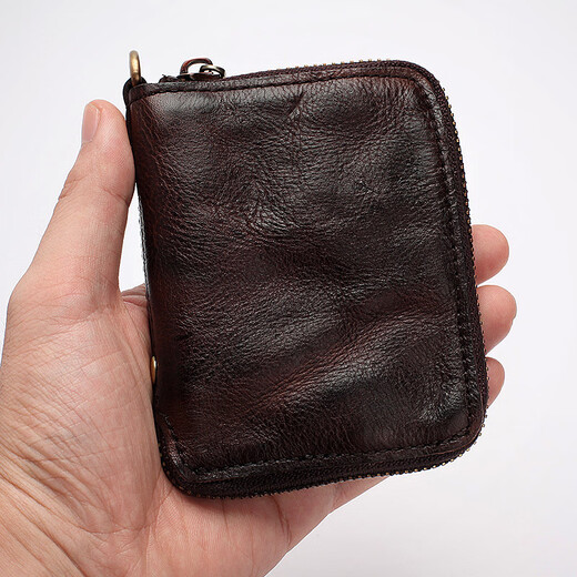 Mu Xiaobai, Herren echte Leder -Brieftasche Reißverschluss, kurze vertikale Brieftasche, kompaktes handgefertigtes pflanzliches, reine obere Schicht Cowhide und Retro, dunkelbraun