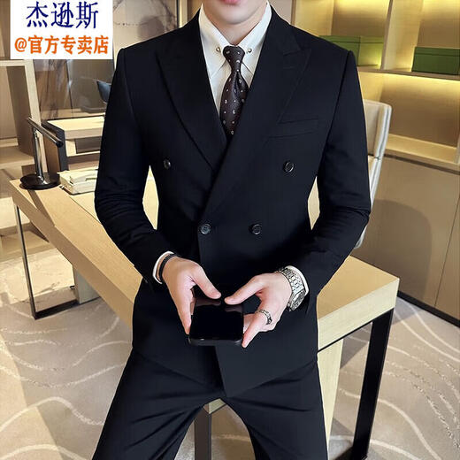 Jason's British business gun lapel double-breasted slim suit suit men's light luxury wedding dress groom's suit three-piece suit 338 black (suit + pants) XL