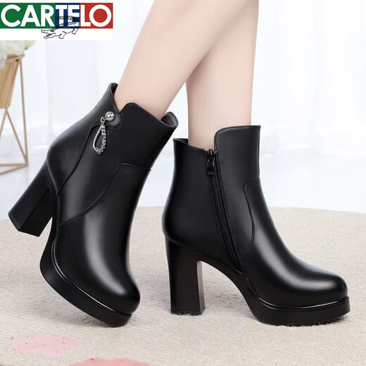 Cartelo Winter Winter Genuine Leather Wool Boots Women's Toats High Heels Plus Velvet Short Short Algody Shoes Boots de tacón grueso y otoño Single Product 12611 Negro (tacones altos 8 cm + Single Brie) 34